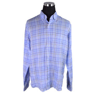 Peter Millar Mens Shirt Large Blue Beige Check Long Sleeved 100% Linen
